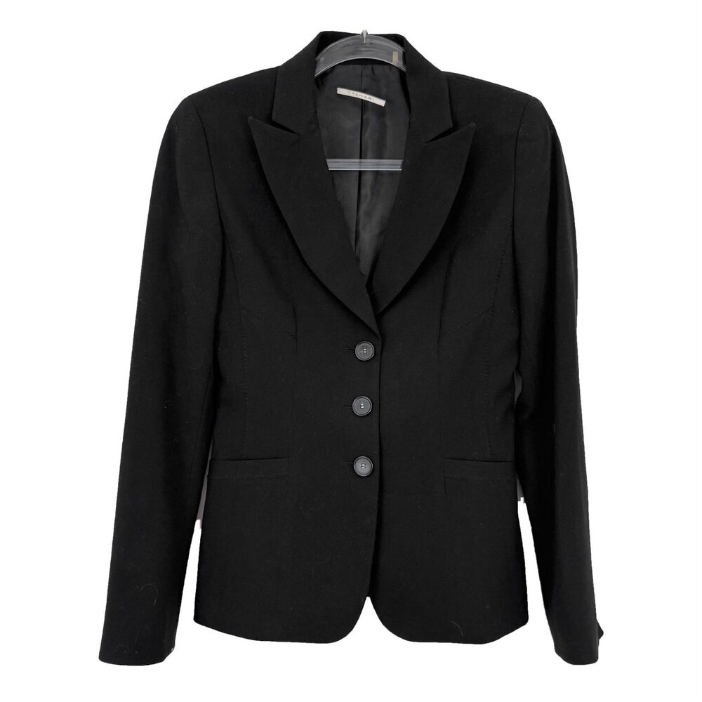 T Tahari Three Button Blazer 4 Black Notched Lapel Lined Jacket Office EUC B65